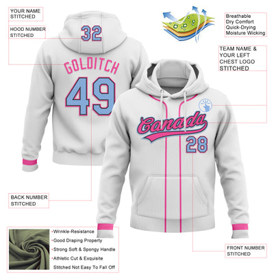 Custom Stitched White Light Blue Pink-Black Baseball Pullover Sweatshirt Hoodie