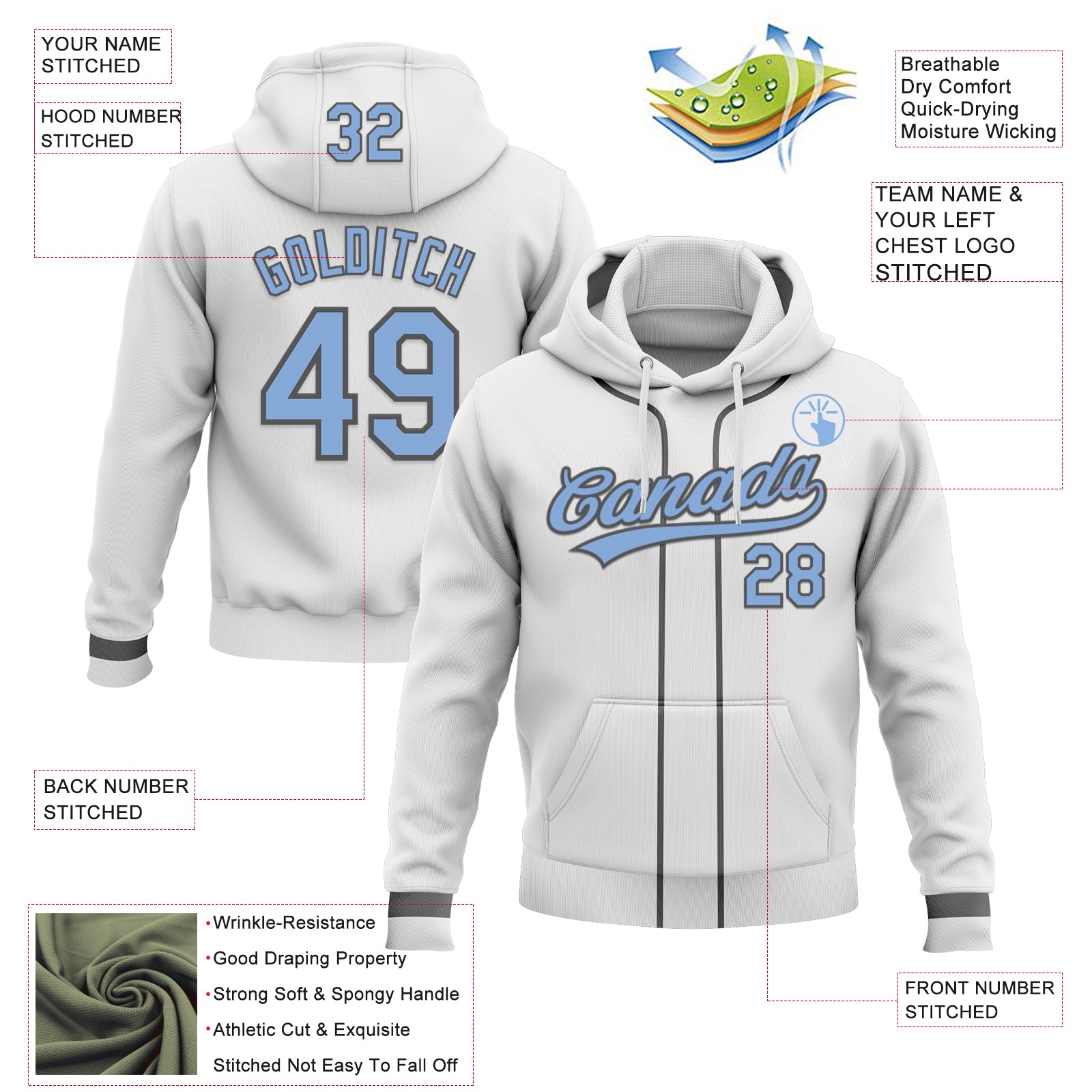Custom Stitched White Light Blue-Steel Gray Baseball Pullover Sweatshirt Hoodie