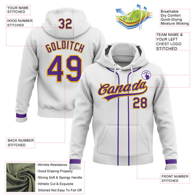 Custom Stitched White Purple-Gold Baseball Pullover Sweatshirt Hoodie