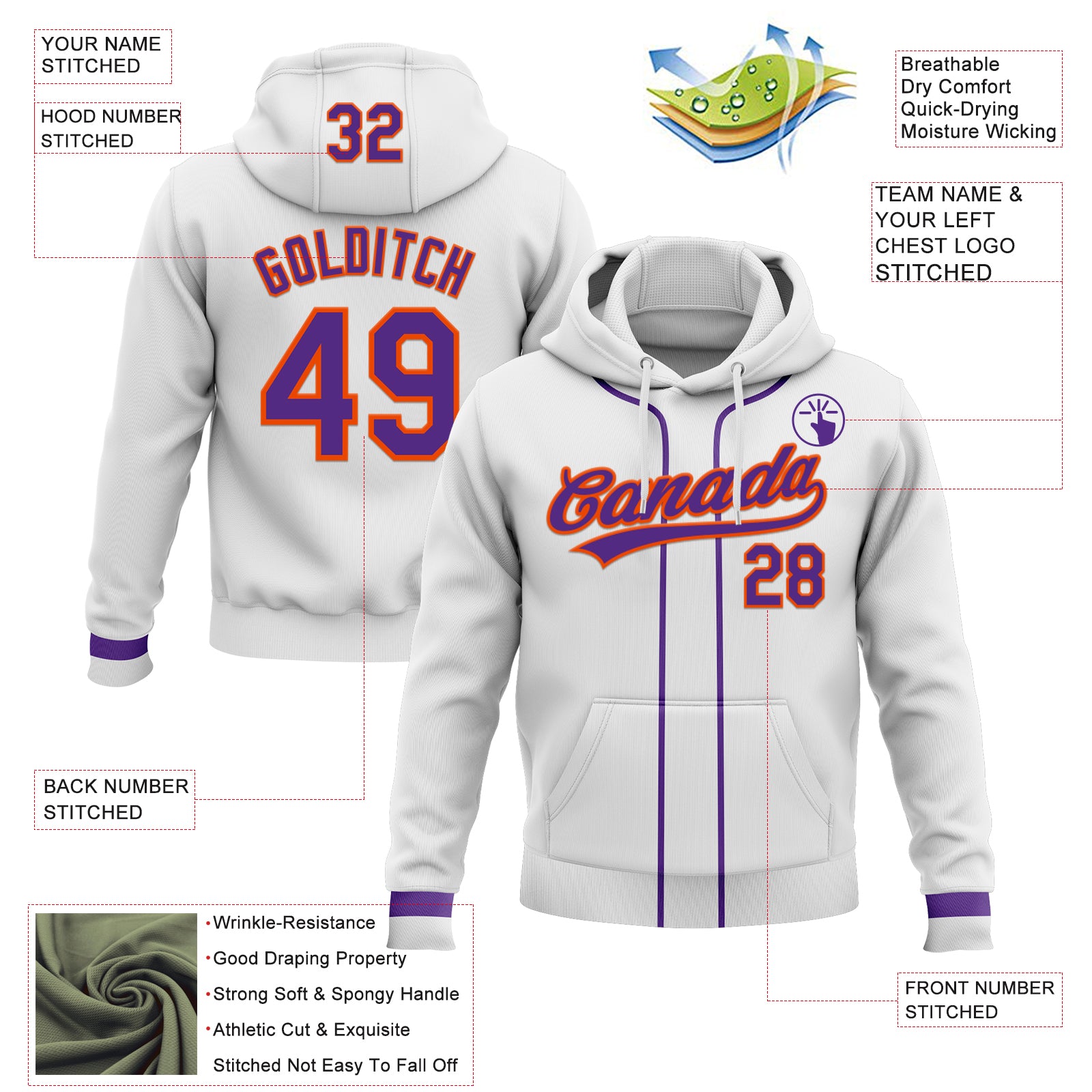 Custom Stitched White Purple-Orange Baseball Pullover Sweatshirt Hoodie