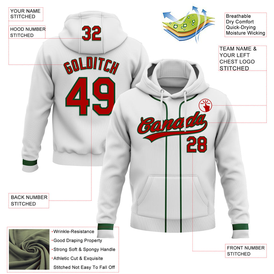 Custom Stitched White Red-Green Baseball Pullover Sweatshirt Hoodie