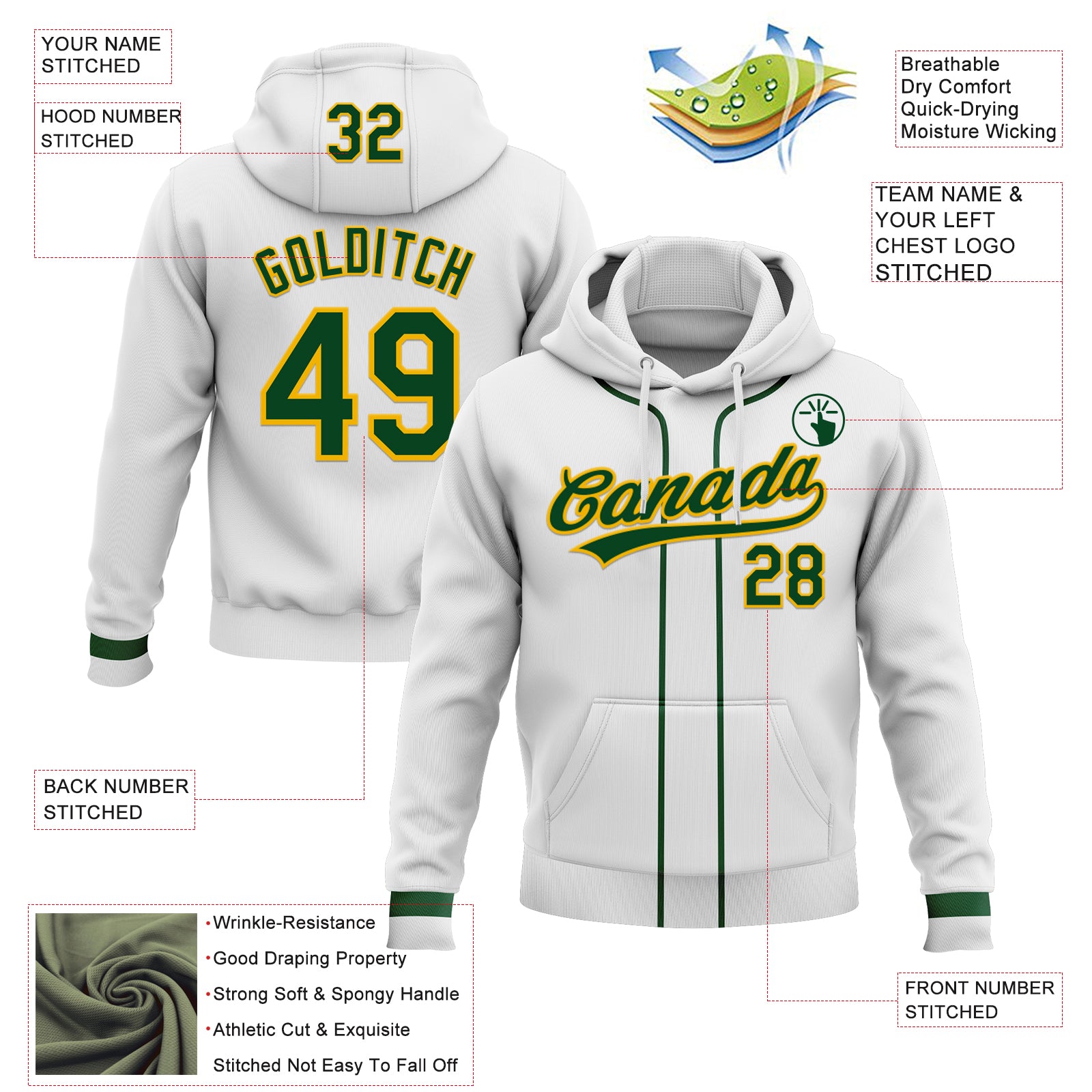 Custom Stitched White Green-Gold Baseball Pullover Sweatshirt Hoodie