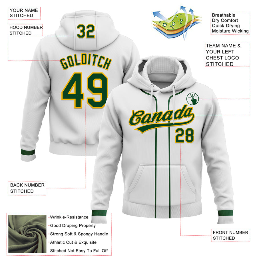 Custom Stitched White Green-Gold Baseball Pullover Sweatshirt Hoodie