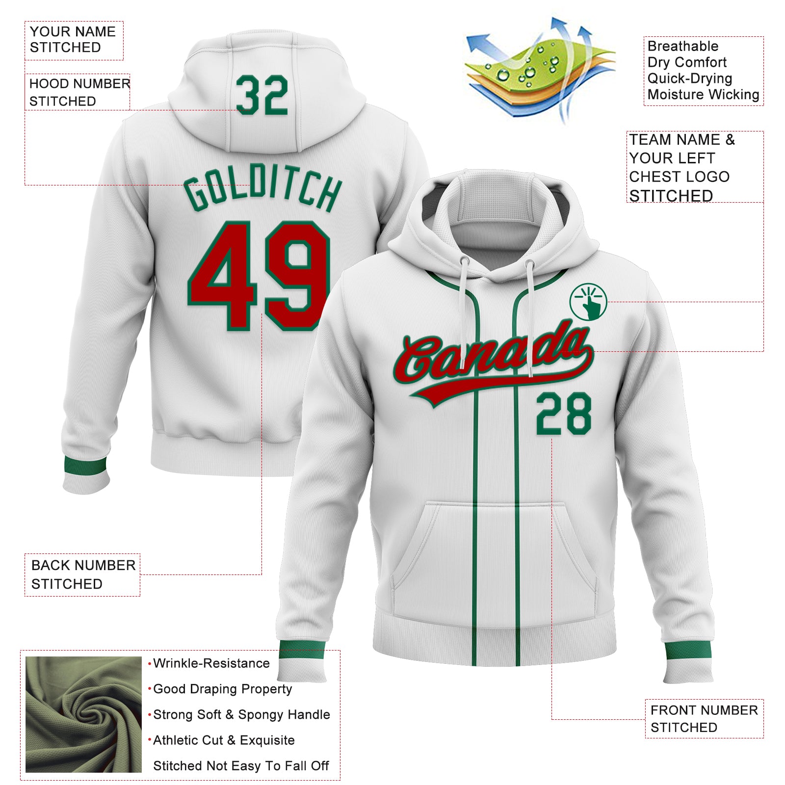 Custom Stitched White Red-Kelly Green Baseball Pullover Sweatshirt Hoodie