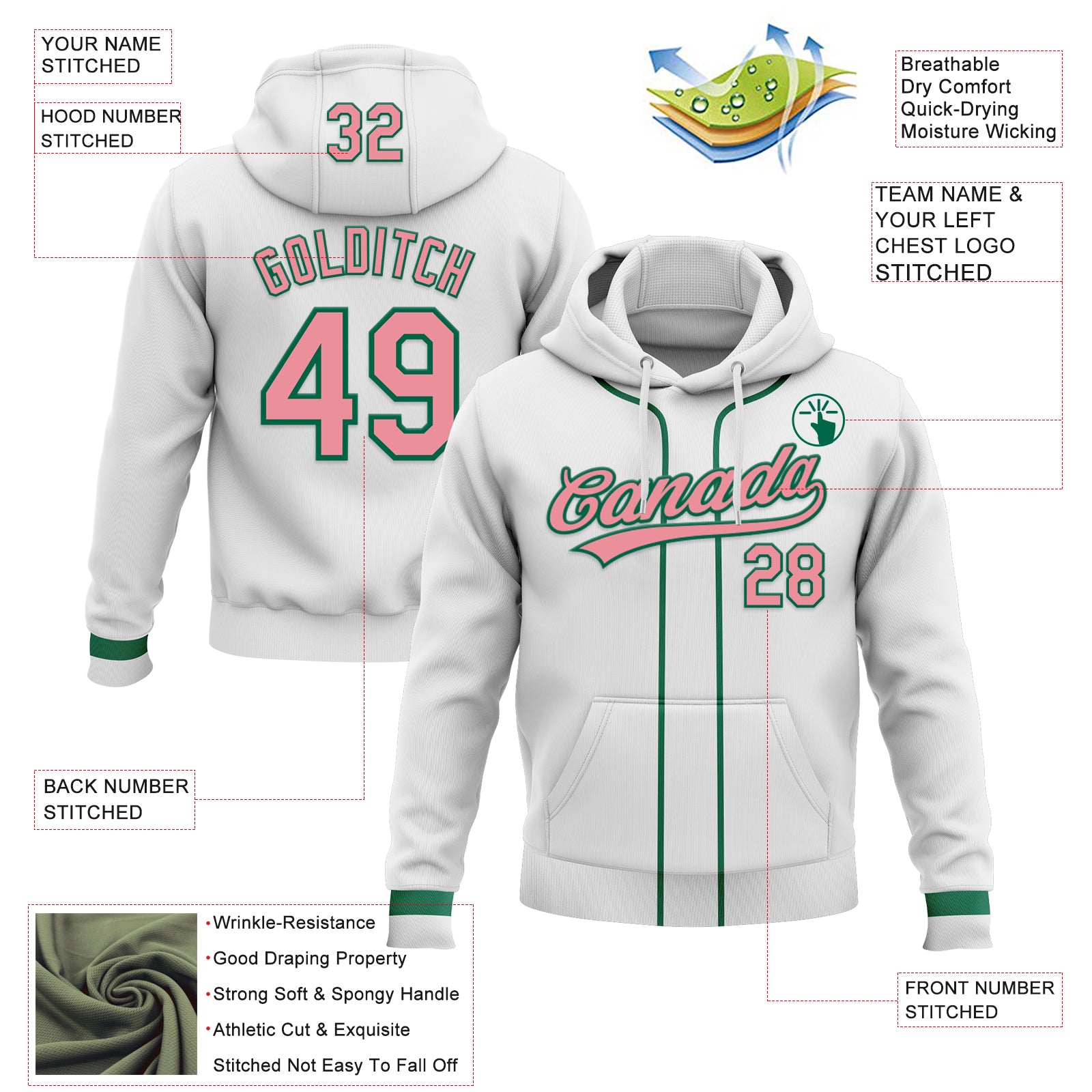 Custom Stitched White Medium Pink-Kelly Green Baseball Pullover Sweatshirt Hoodie