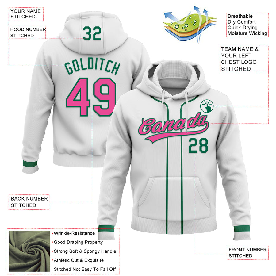 Custom Stitched White Pink-Kelly Green Baseball Pullover Sweatshirt Hoodie