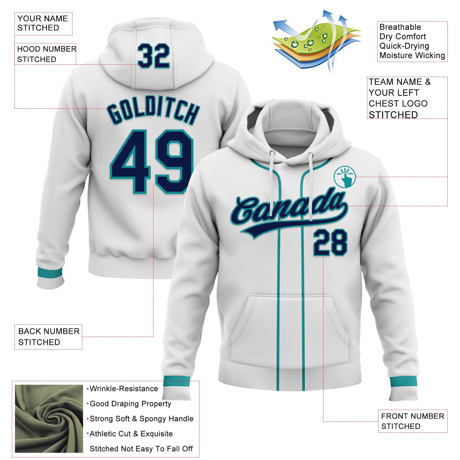 Custom Stitched White Navy-Teal Baseball Pullover Sweatshirt Hoodie