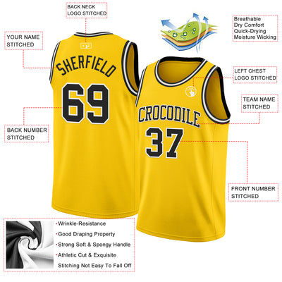 Custom Yellow Black-White Authentic Basketball Jersey