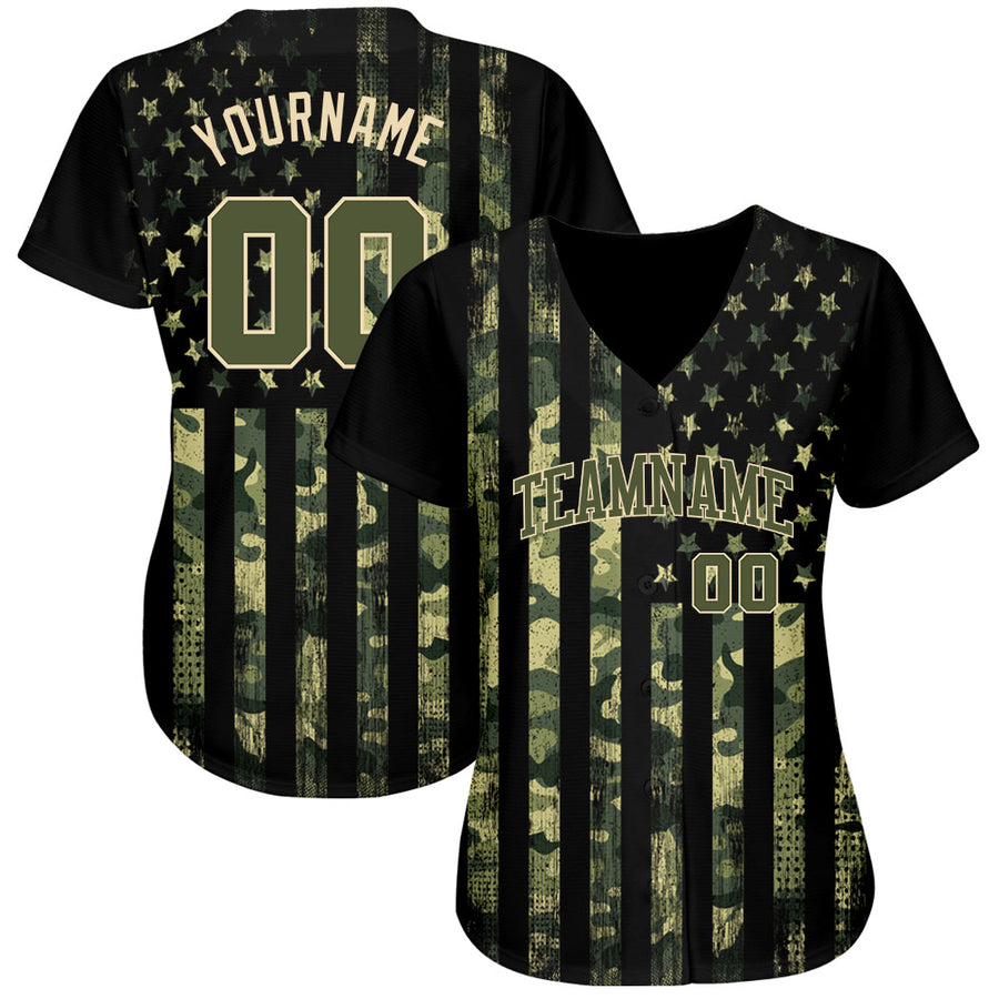 Custom Camo Olive-Cream 3D American Flag Authentic Salute To Service Baseball Jersey