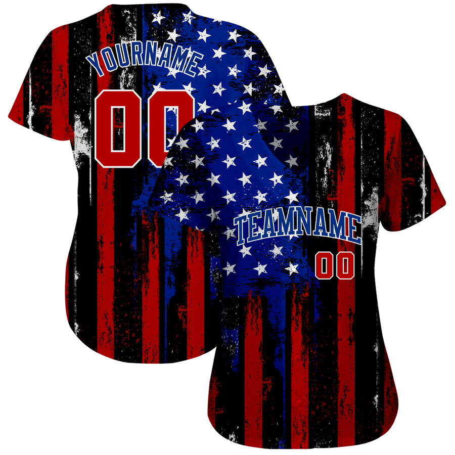 Custom Black Red Royal-White 3D Distressed American Flag Authentic Baseball Jersey