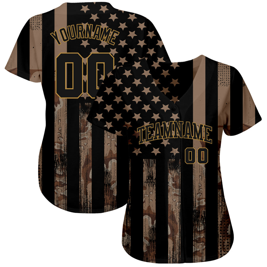 Custom Camo Black-Old Gold 3D Salute To Service American Flag Authentic Baseball Jersey