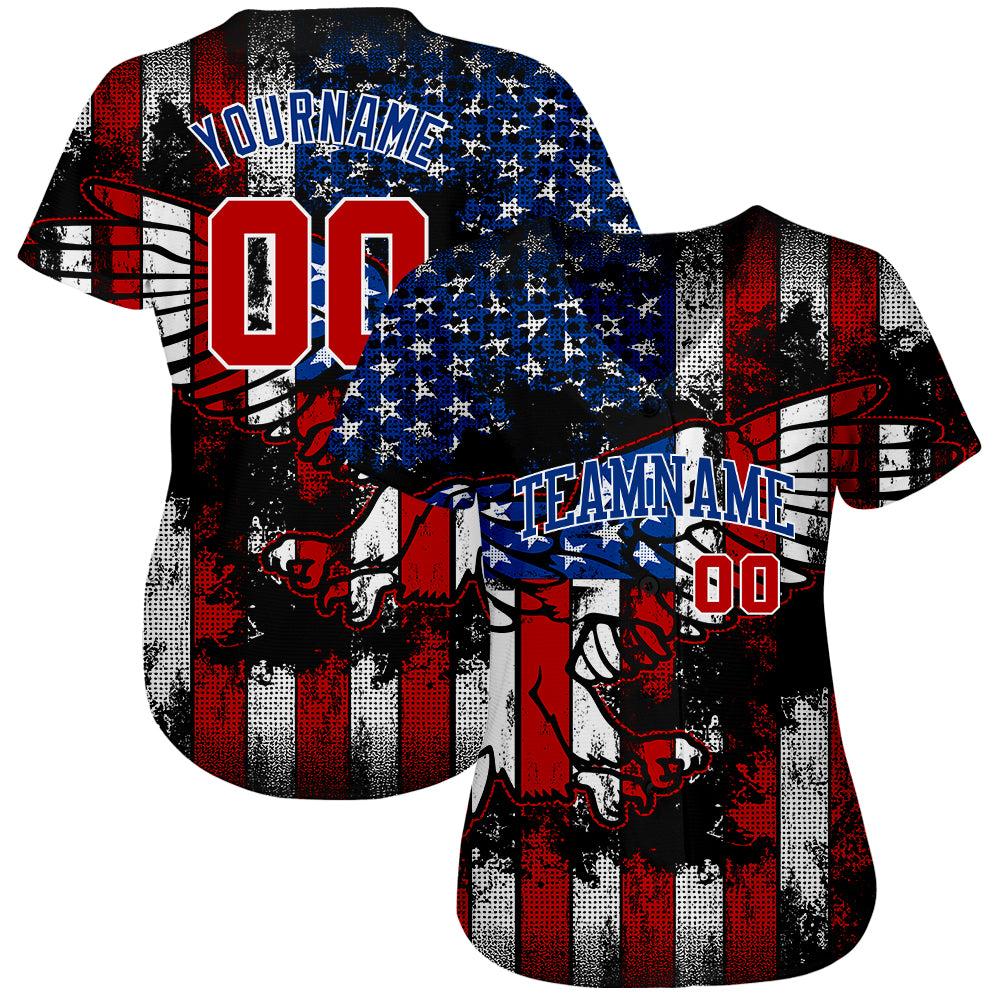 Custom Baseball Jersey Black Red Royal-White 3D Eagle American Flag Authentic Men's Size:XL