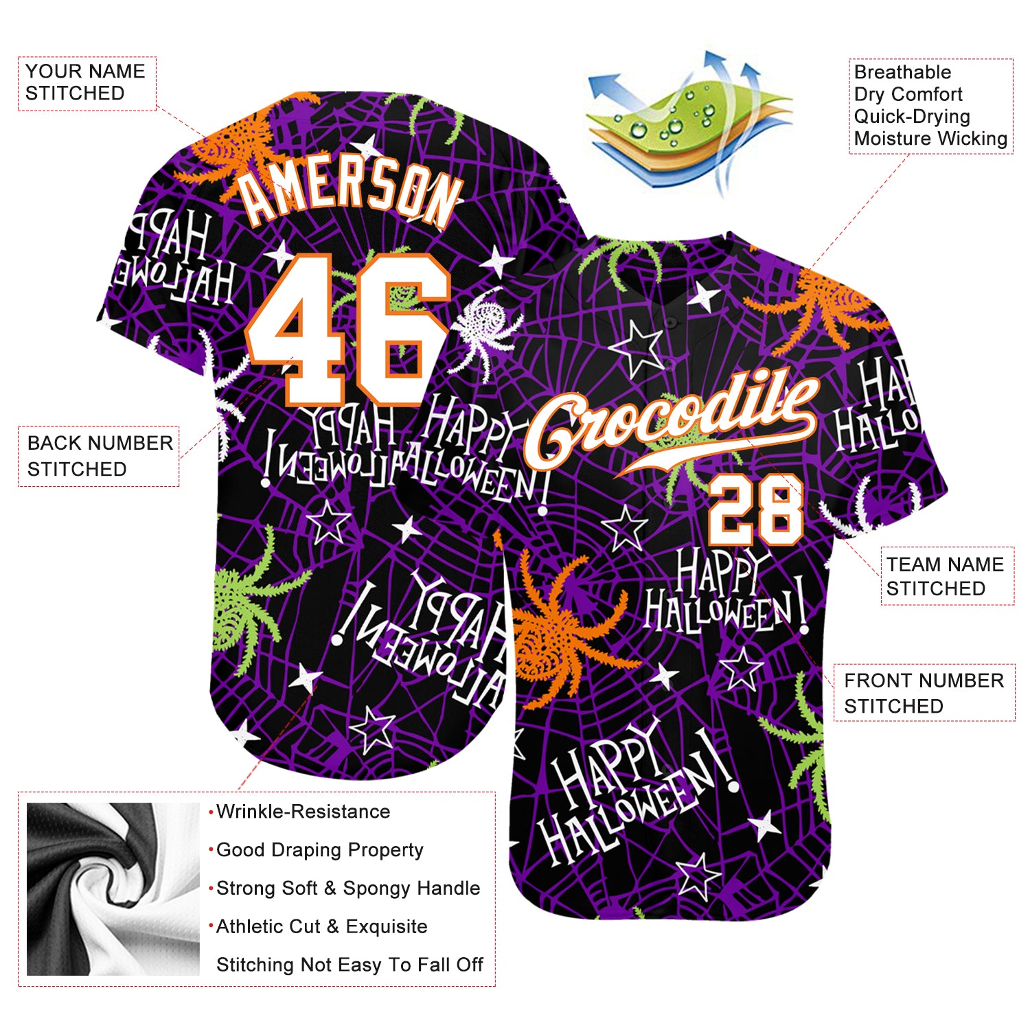 Custom 3D Pattern Happy Halloween Spiders Authentic Baseball Jersey