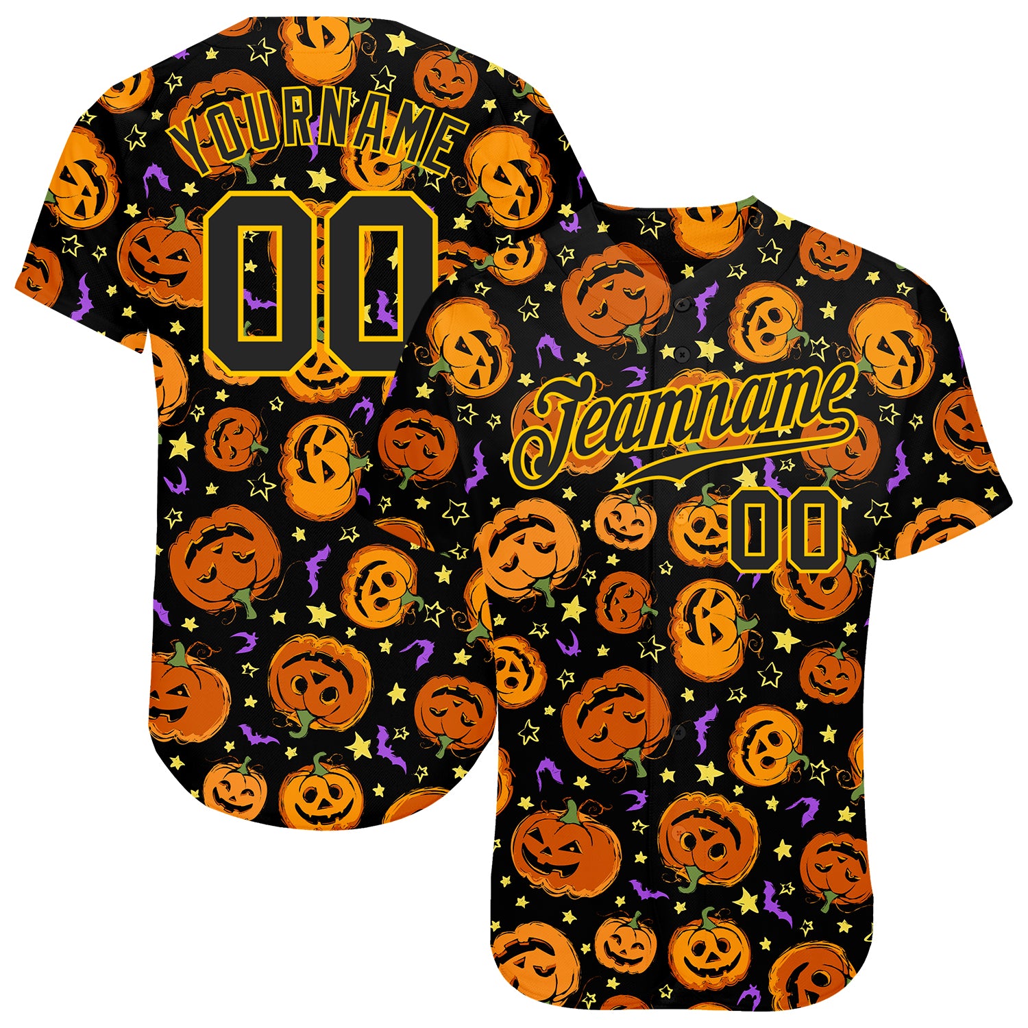 Custom Baseball Jersey 3D Pattern Halloween Pumpkins Bats Stars Authentic Men's Size:3XL