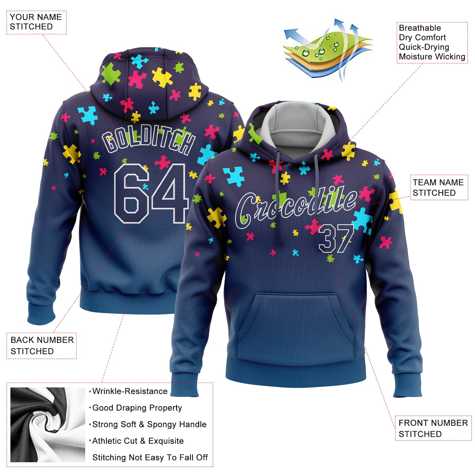 Custom Stitched Autism Awareness Puzzle Pieces Navy-White 3D Pattern Design Sports Pullover Sweatshirt Hoodie