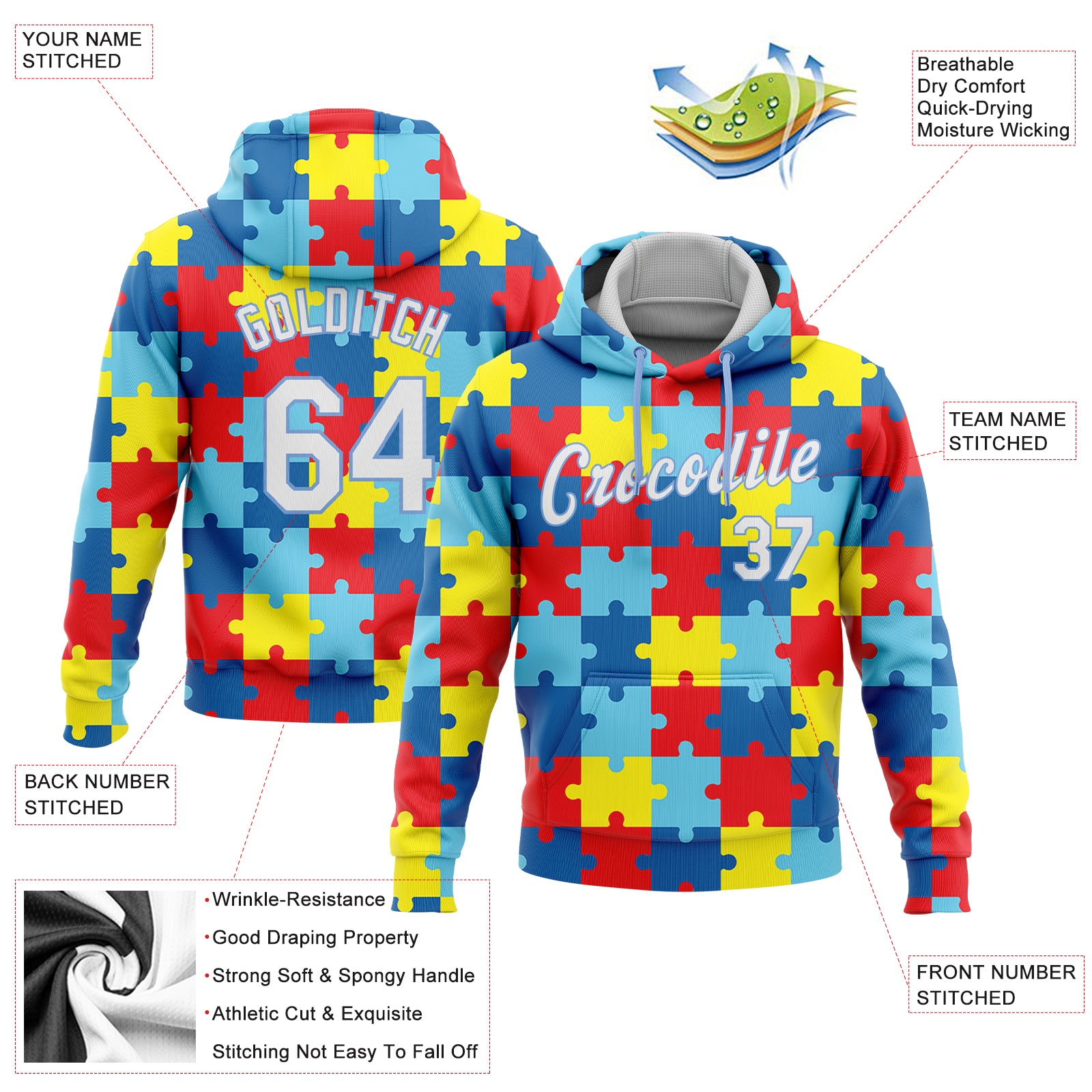 Custom Stitched Autism Awareness Puzzle Pieces White-Light Blue 3D Pattern Design Sports Pullover Sweatshirt Hoodie