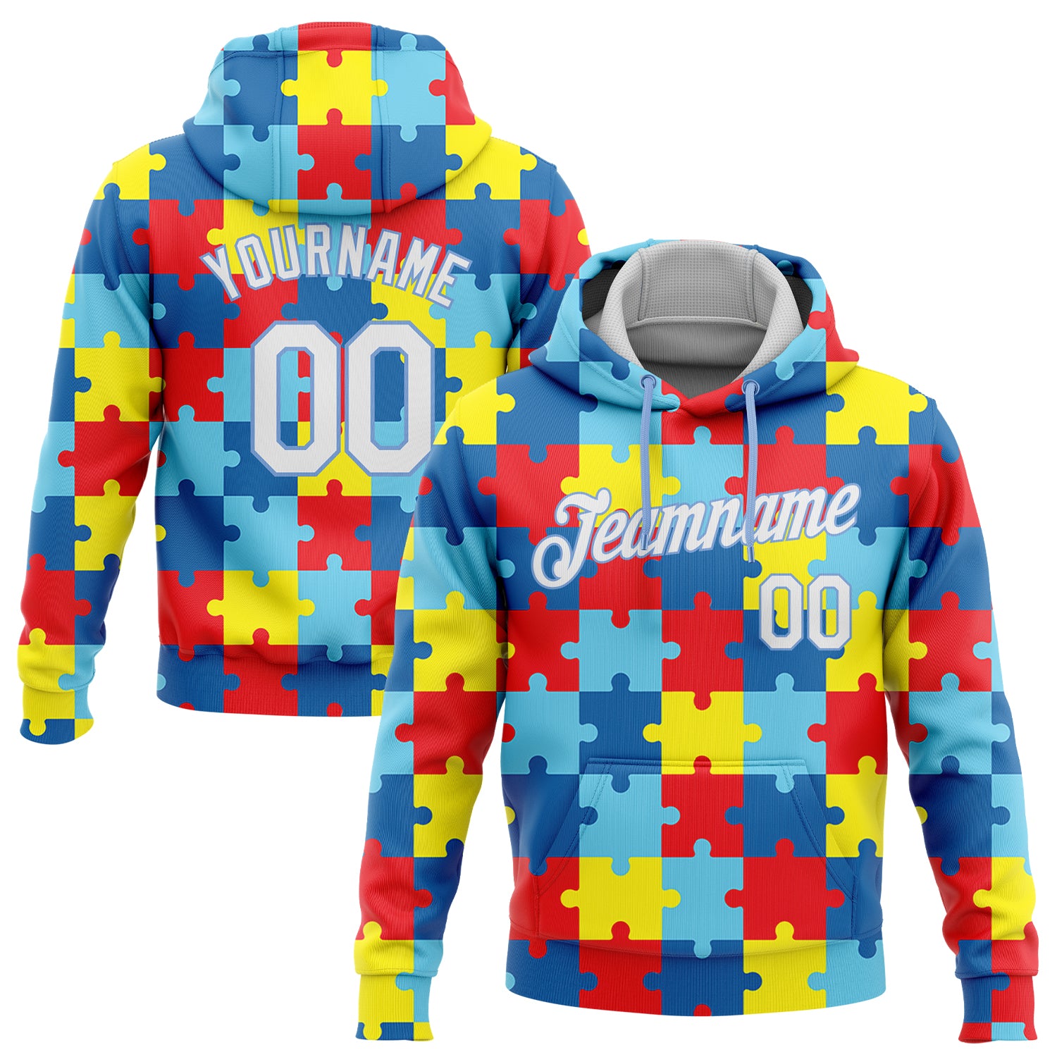 Custom Stitched Autism Supporter Awareness Puzzle Pieces White-Light Blue 3D Pattern Design Sports Pullover Sweatshirt Hoodie