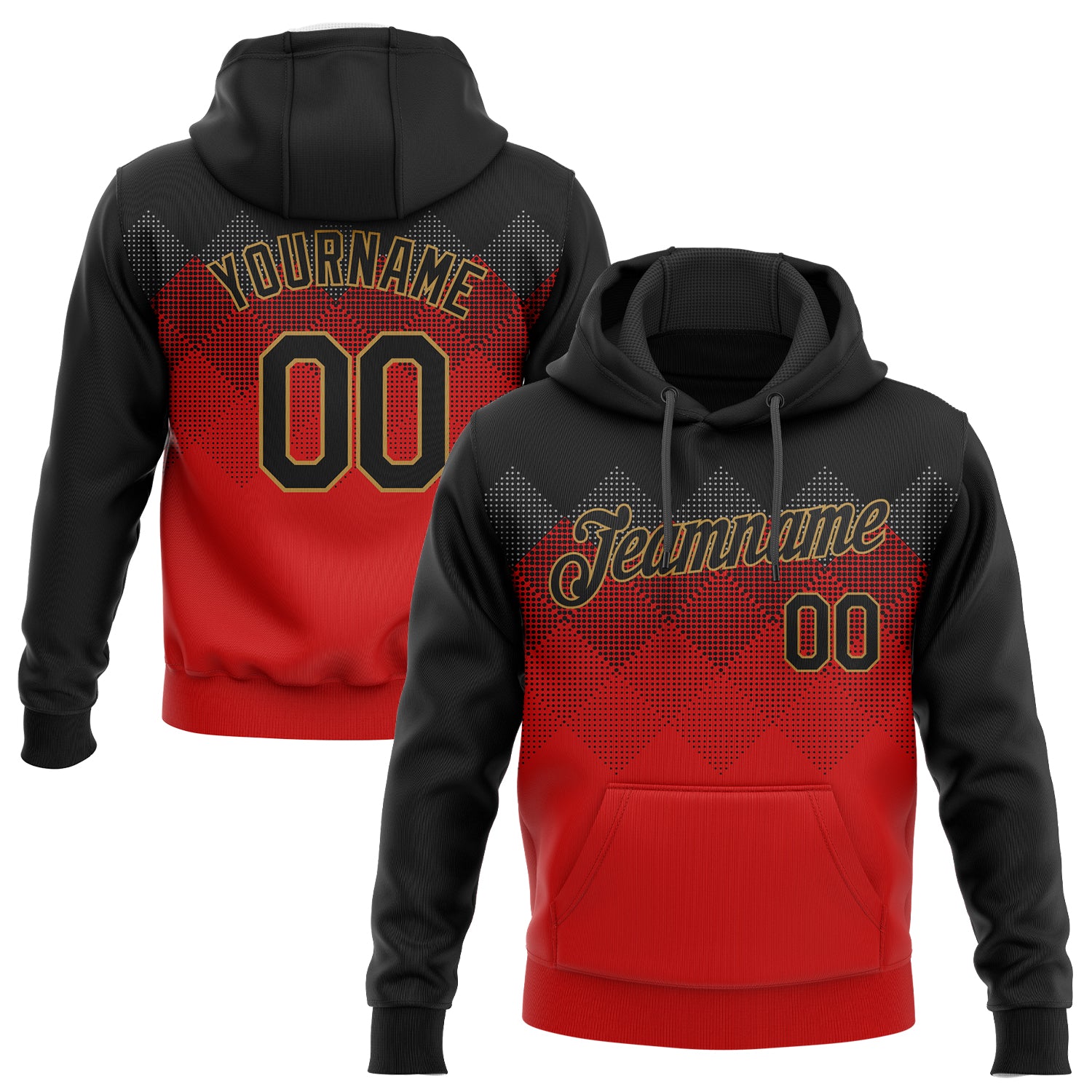 Custom Stitched Red Black-Old Gold 3D Pattern Design Sports Pullover Sweatshirt Hoodie