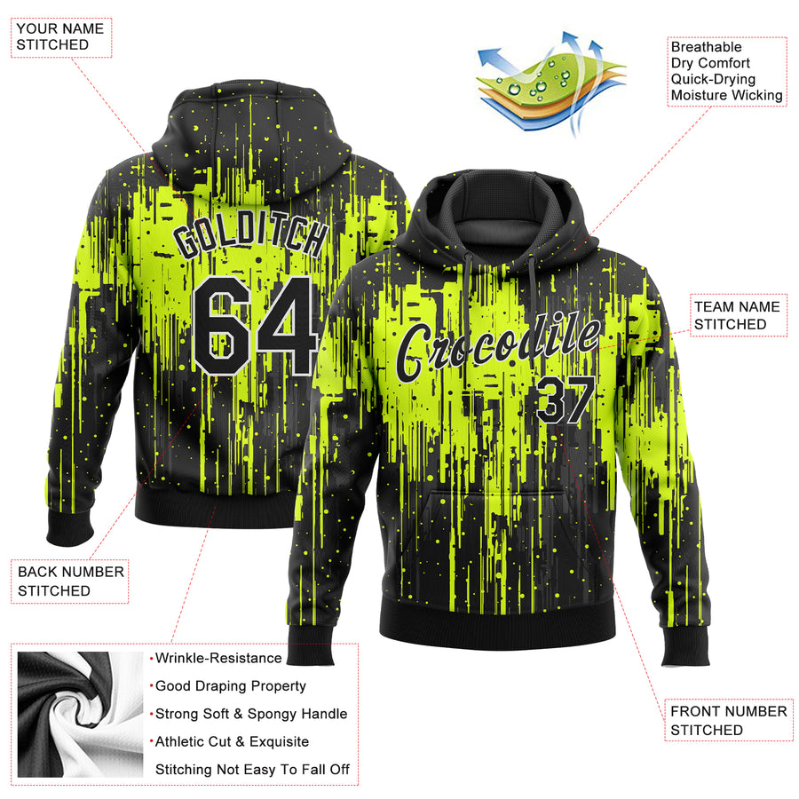 Custom Stitched Neon Green Black-White 3D Pattern Design Dripping Splatter Art Sports Pullover Sweatshirt Hoodie