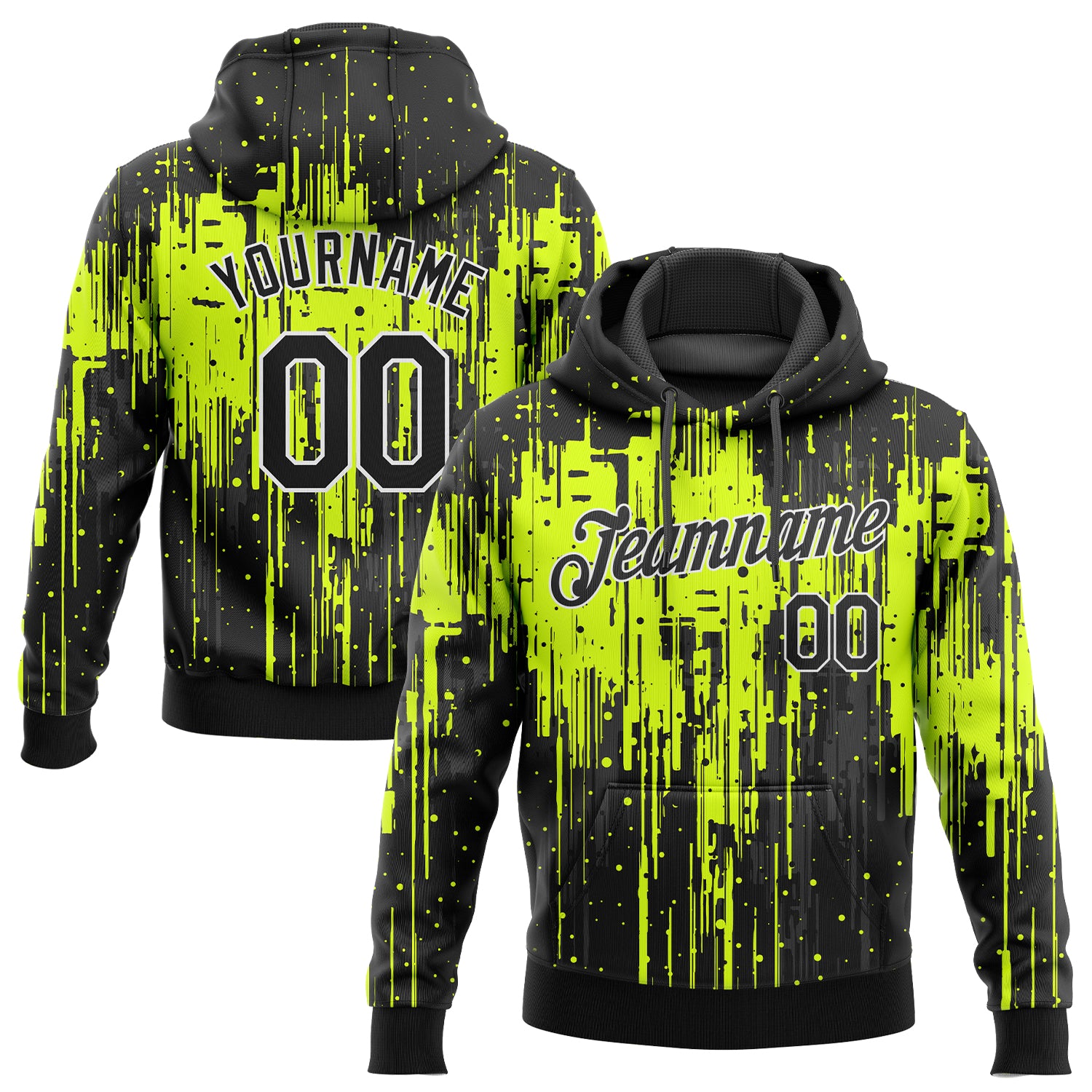 Custom Stitched Neon Green Black-White 3D Pattern Design Dripping Splatter Art Sports Pullover Sweatshirt Hoodie