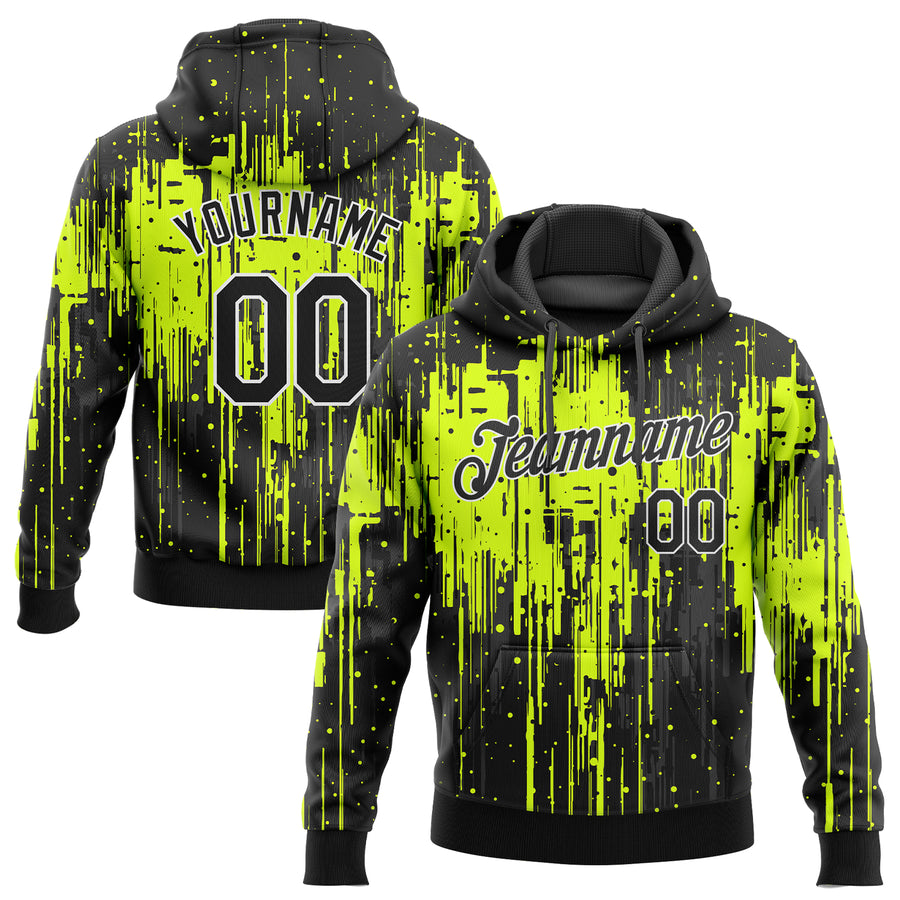Custom Stitched Neon Green Black-White 3D Pattern Design Dripping Splatter Art Sports Pullover Sweatshirt Hoodie