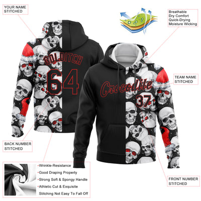 Custom Stitched White Black-Red 3D Skulls And Christmas Santa's Hat Sports Pullover Sweatshirt Hoodie