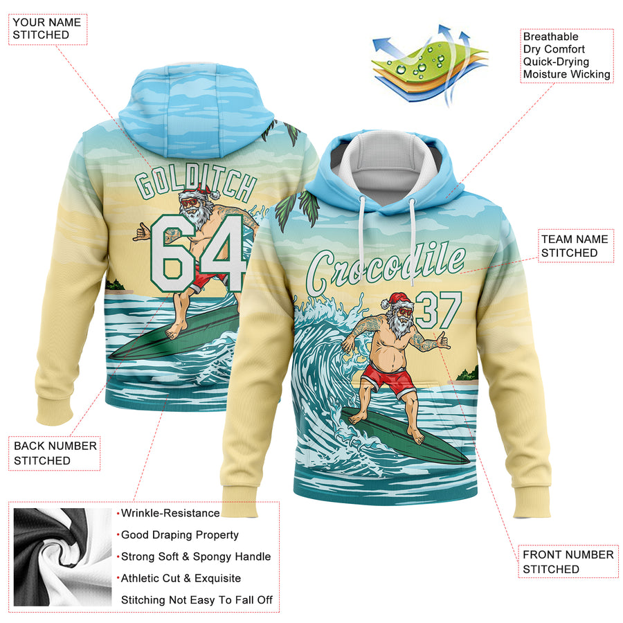 Custom Stitched Light Blue White Kelly Green-Gold 3D Tropical Christmas Surfing Santa Sports Pullover Sweatshirt Hoodie
