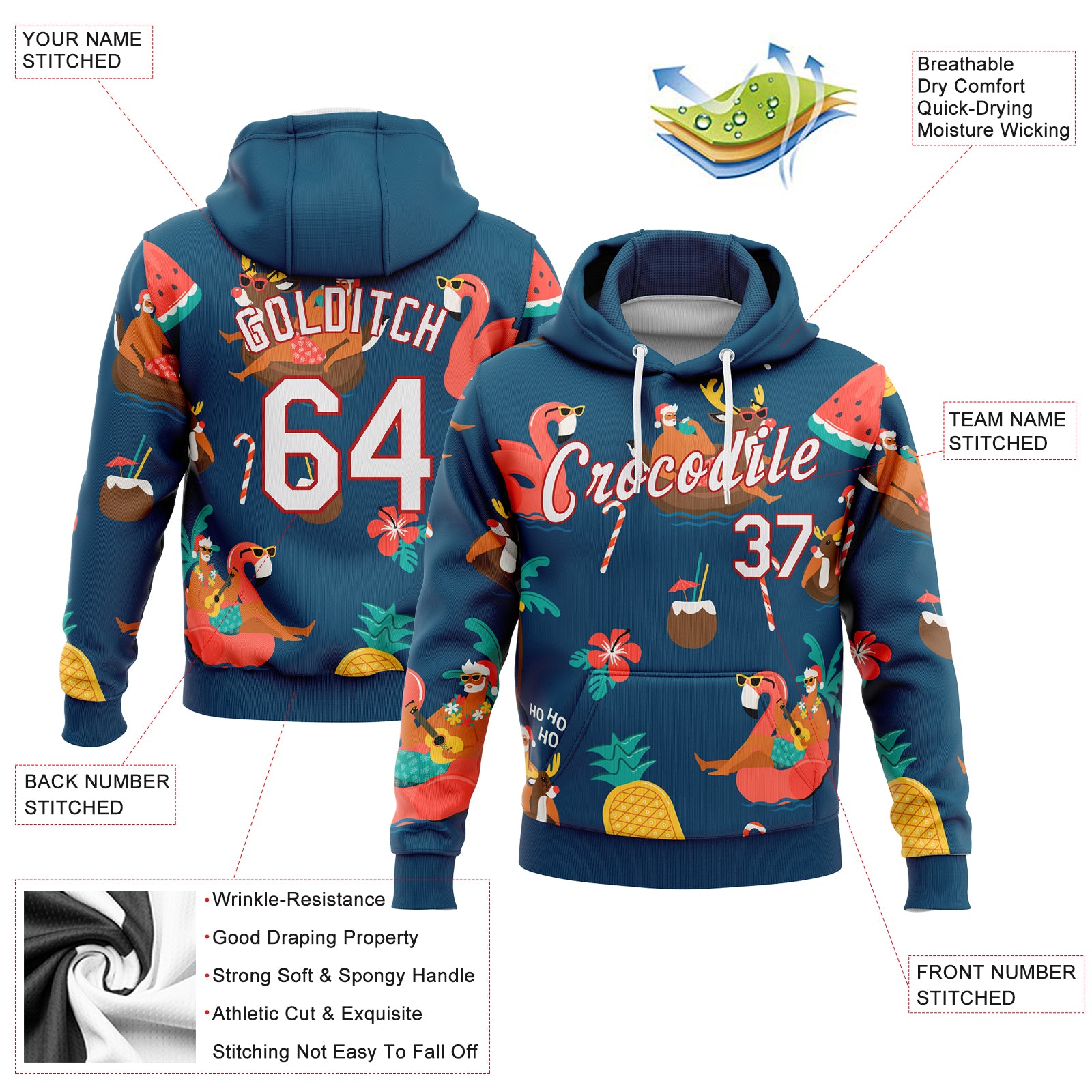 Custom Stitched Navy White-Red 3D Tropical Christmas Santas With Reindeers And Flamingos Sports Pullover Sweatshirt Hoodie