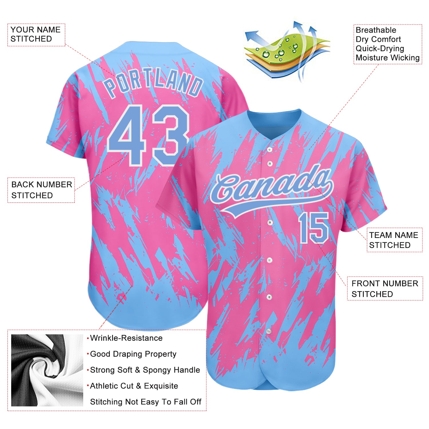 Custom Pink Powder Blue-White 3D Pattern Design Authentic Baseball Jersey