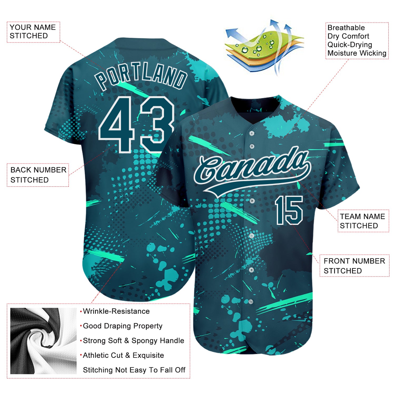 Custom Green Green-Aqua 3D Pattern Design Authentic Baseball Jersey