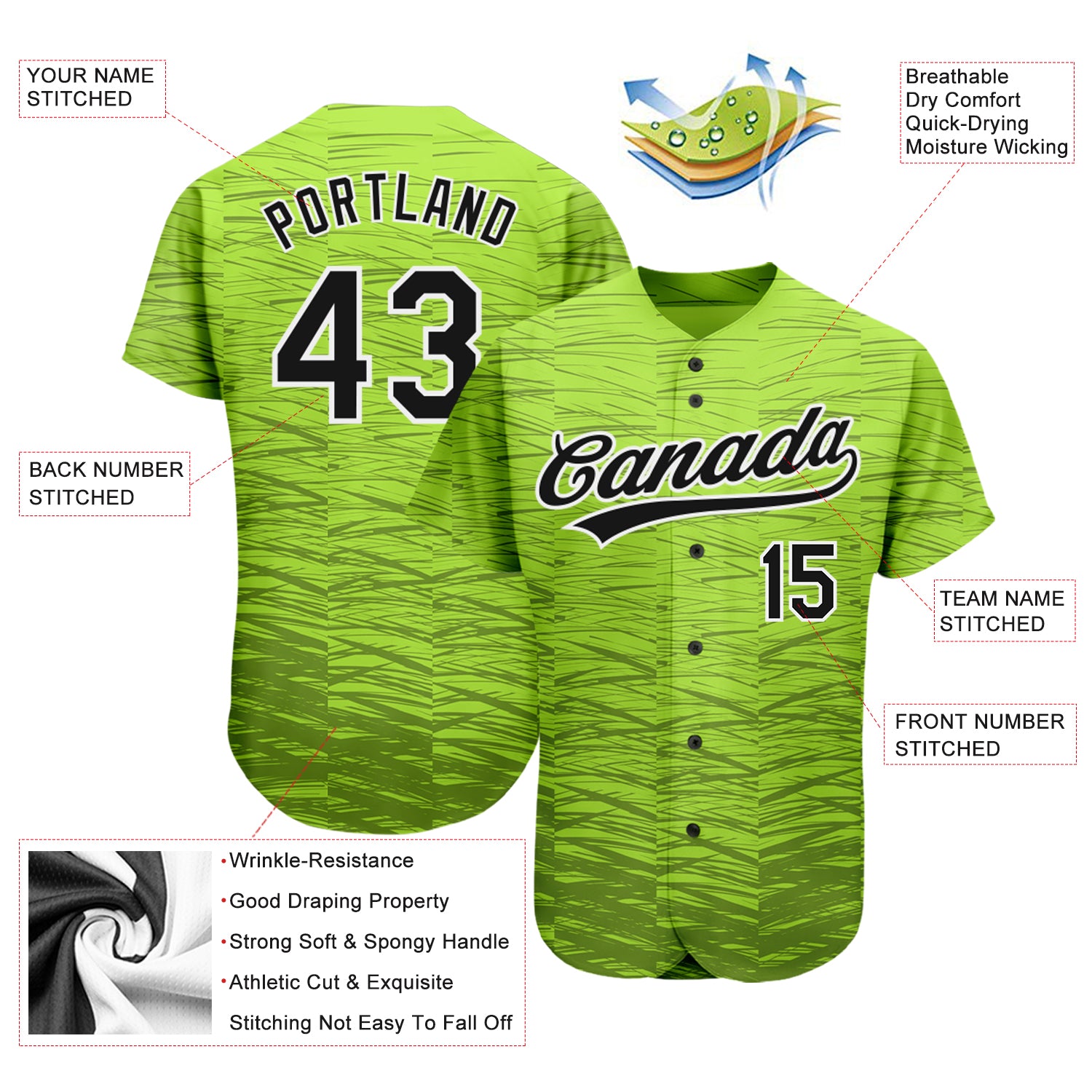 Custom Neon Green Black-White 3D Pattern Design Authentic Baseball Jersey