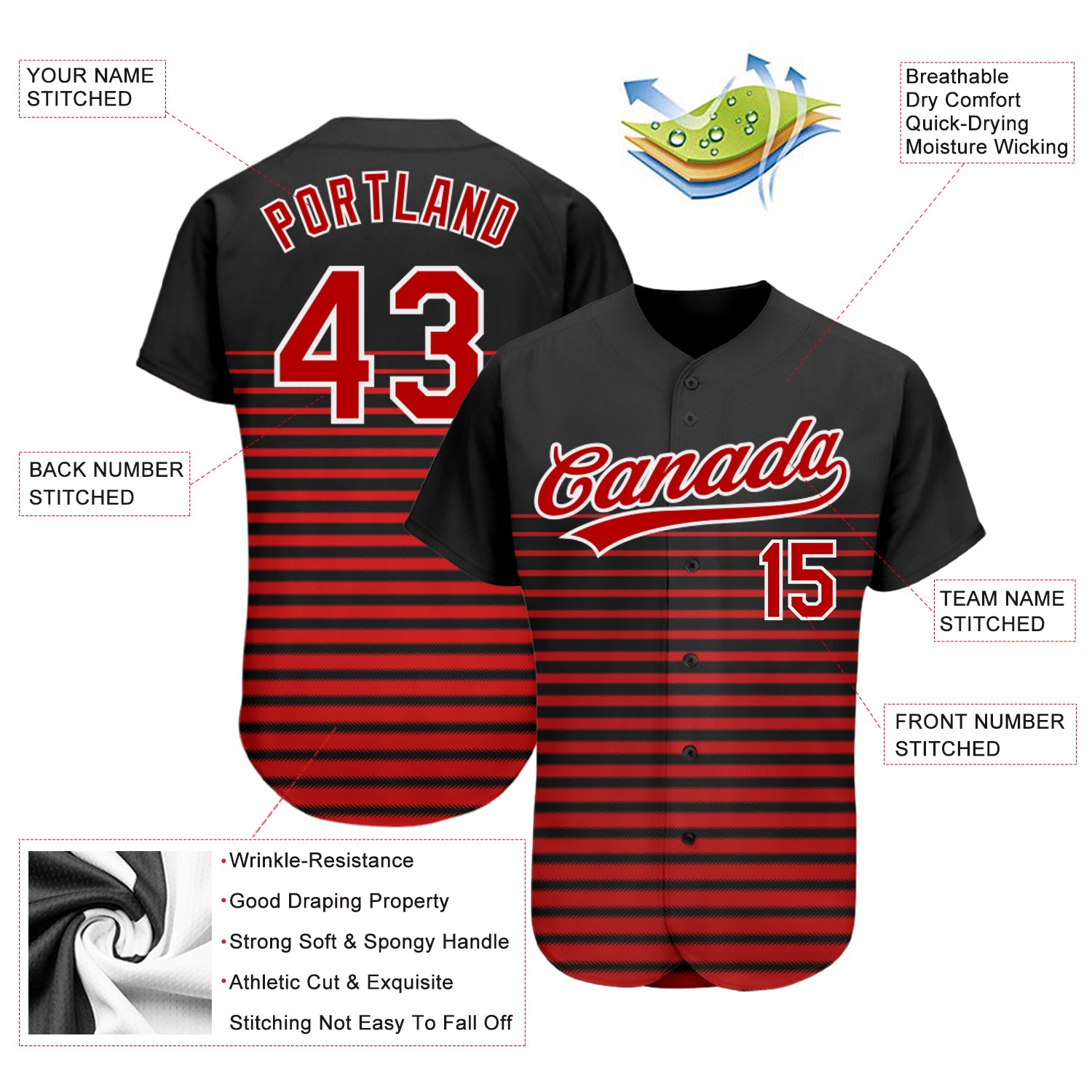 Custom Black Red-White 3D Pattern Design Authentic Baseball Jersey
