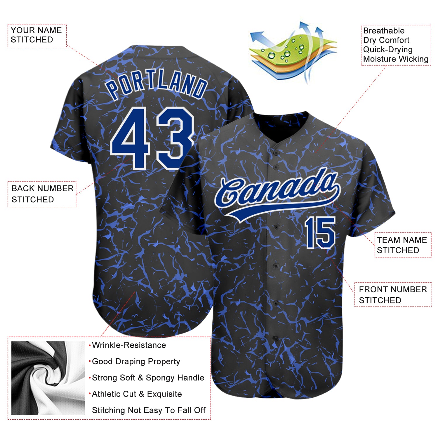 Custom Black Royal-White 3D Pattern Design Authentic Baseball Jersey