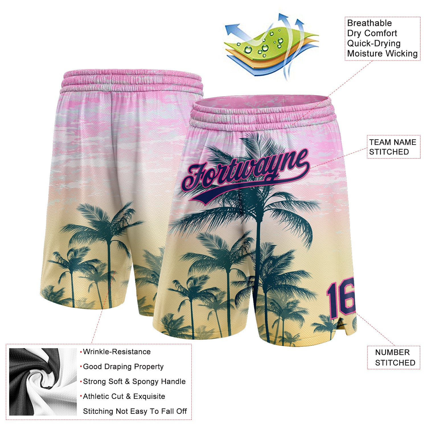 Custom 3D Pattern Basketball Shorts Pink Light Blue-White Design Palm Trees  Authentic - FansIdea