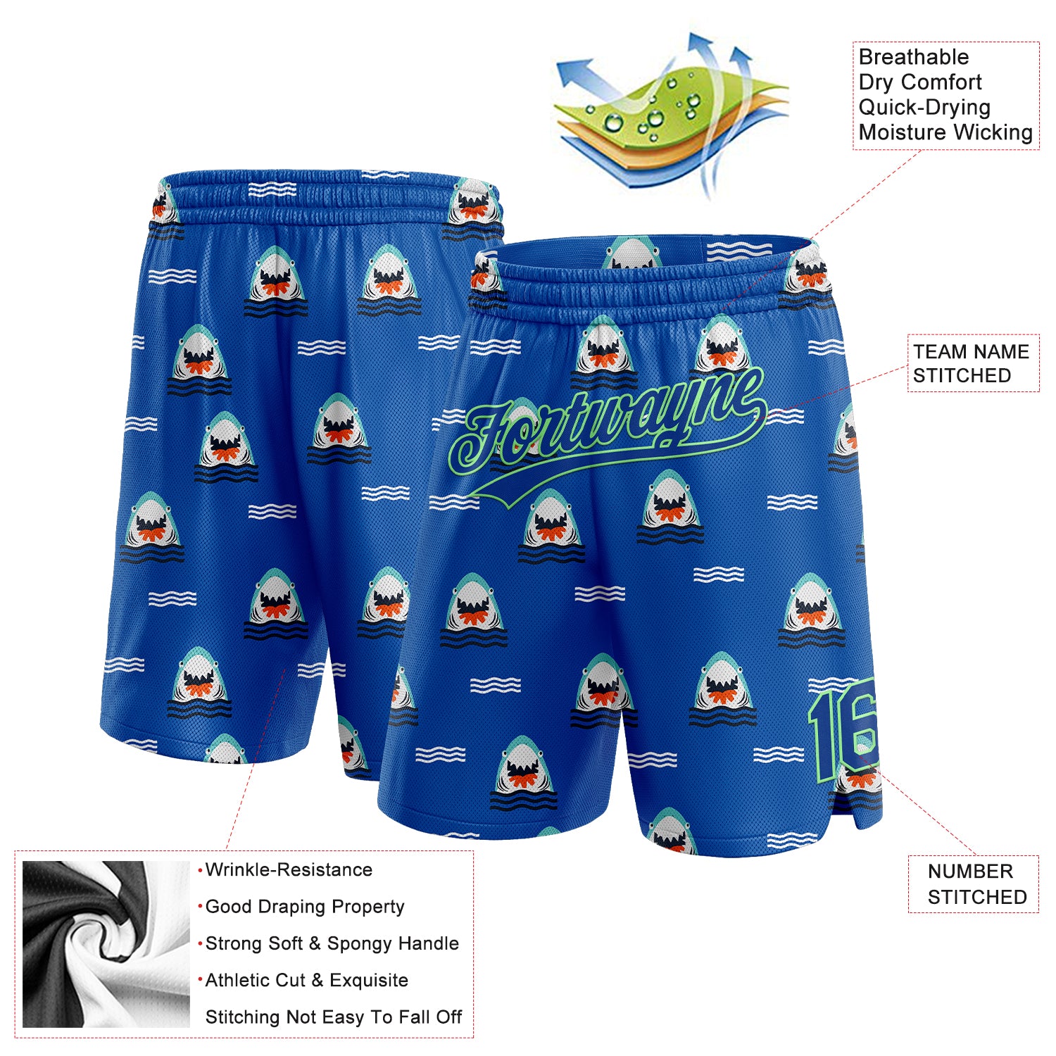 Custom Royal Pea Green 3D Pattern Sharks Authentic Basketball Shorts