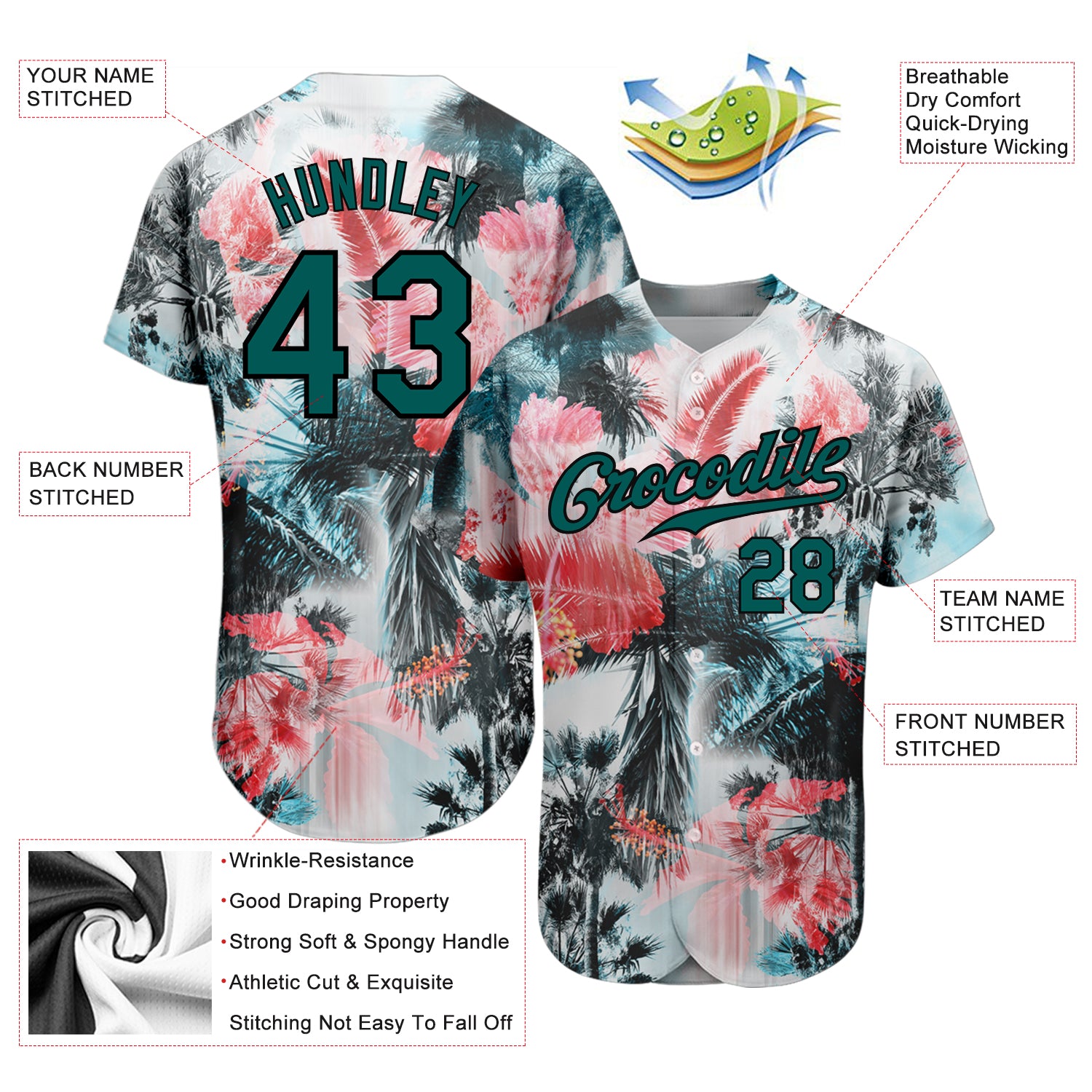 Custom White Midnight Green-Black 3D Pattern Design Hawaii Palm Trees Authentic Baseball Jersey