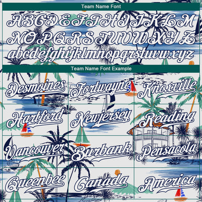 Custom White Navy 3D Pattern Design Hawaii Palm Trees Island And Sailboat Authentic Baseball Jersey