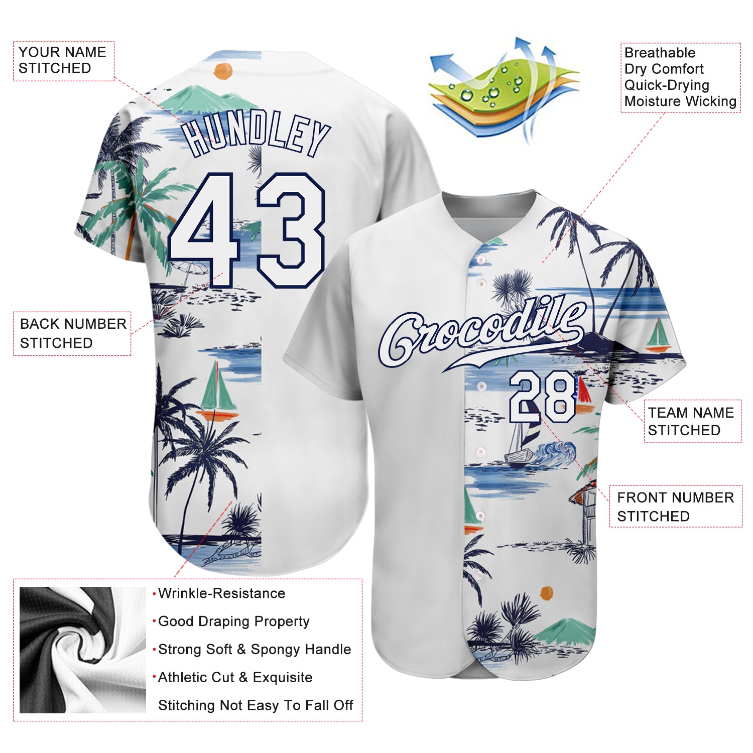 Custom White Navy 3D Pattern Design Hawaii Palm Trees Island And Sailboat Authentic Baseball Jersey