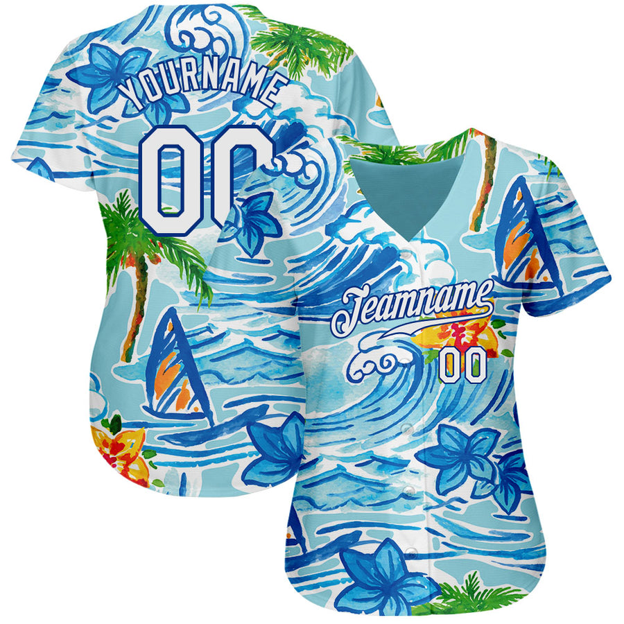 Custom White Royal 3D Pattern Design Beach Hawaii Palm Trees And Flowers Authentic Baseball Jersey