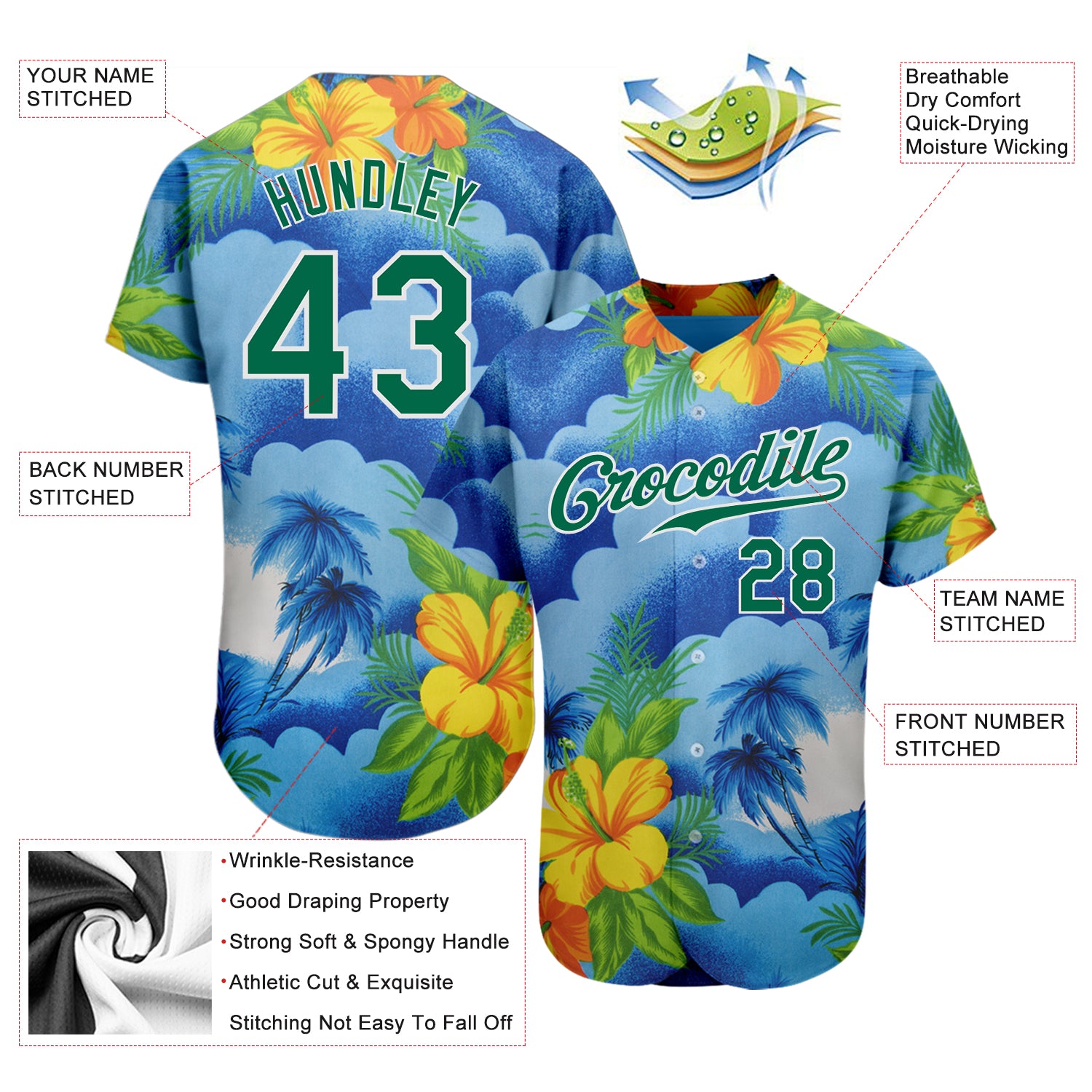 Custom White Kelly Green 3D Pattern Design Beach Hawaii Palm Trees And Flowers Authentic Baseball Jersey
