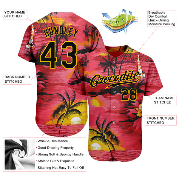 Custom Yellow Royal 3D Pattern Design Sun Beach Hawaii Palm Trees Authentic Baseball Jersey Men's Size:3XL