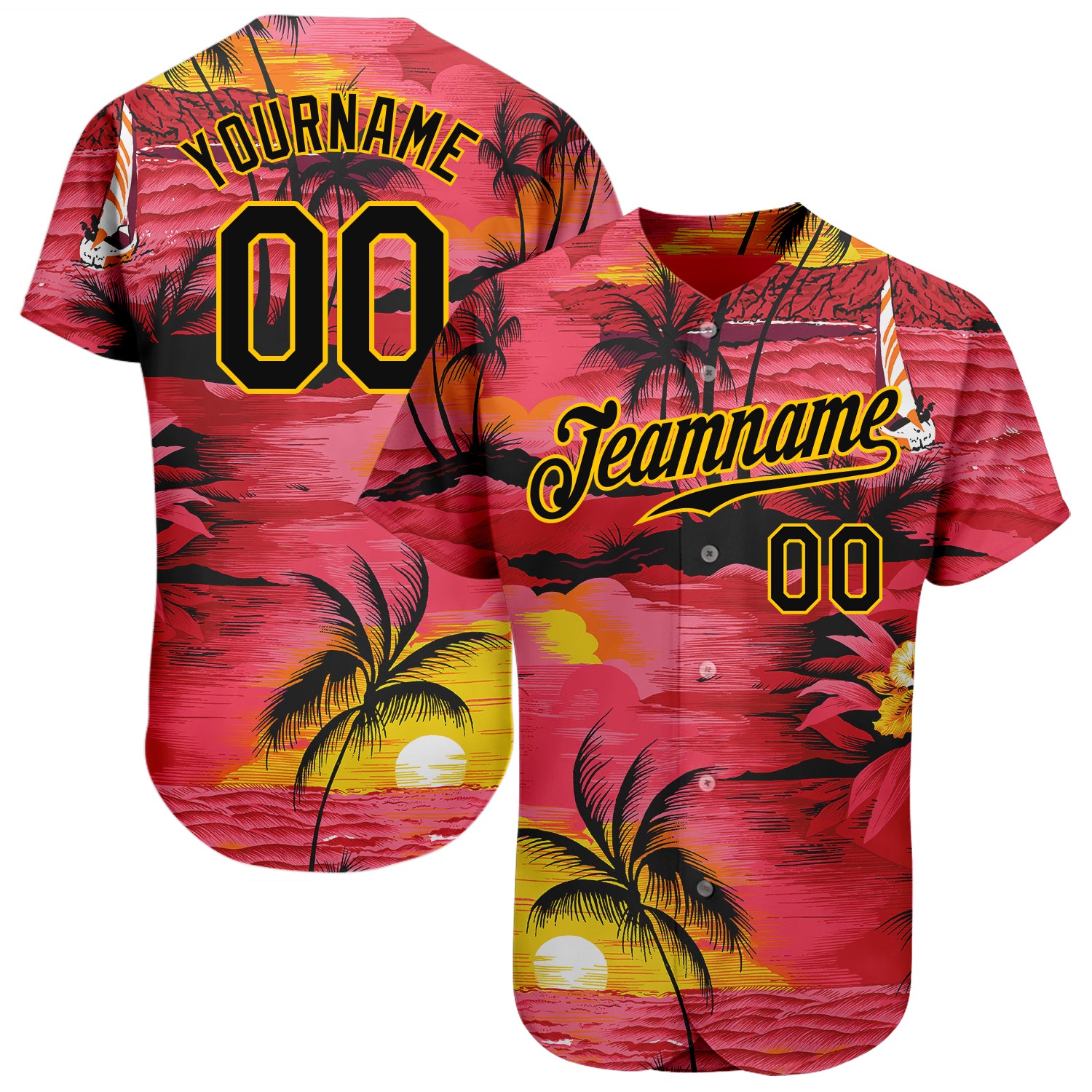 Custom Red black-yellow 3D Pattern Design Sun Beach Hawaii Palm Trees Authentic Baseball Jersey Women's Size:S