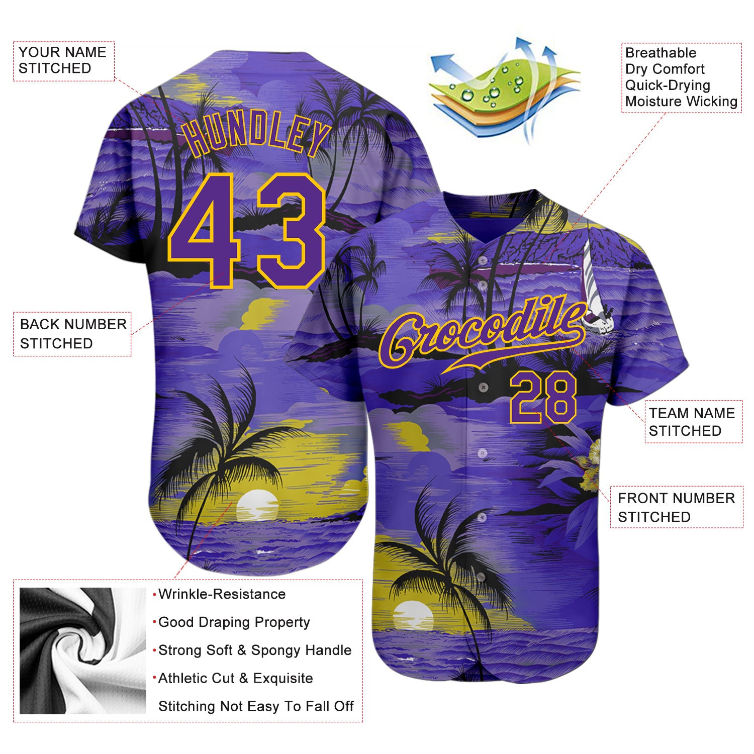 Custom Purple Yellow 3D Pattern Design Sun Beach Hawaii Palm Trees Authentic Baseball Jersey