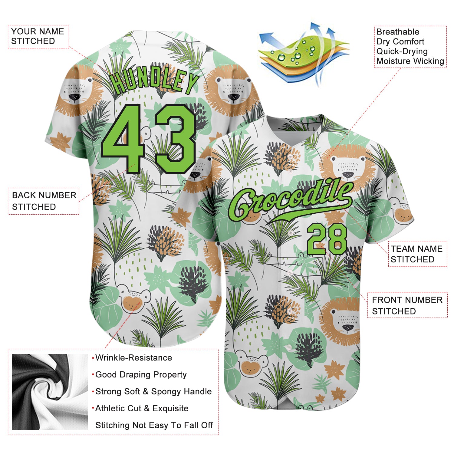 Custom White Neon Green-Black 3D Pattern Design Hawaii Palm Leaves and Lions Authentic Baseball Jersey Men's Size:3XL