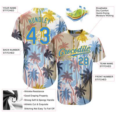 Custom White Electric Blue-Yellow 3D Pattern Design Hawaii Coconut Palms Authentic Baseball Jersey