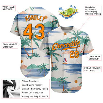 Custom Cream Bay Orange-Olive 3D Pattern Design Beach Coconut Palms Island And Sailboat Authentic Baseball Jersey