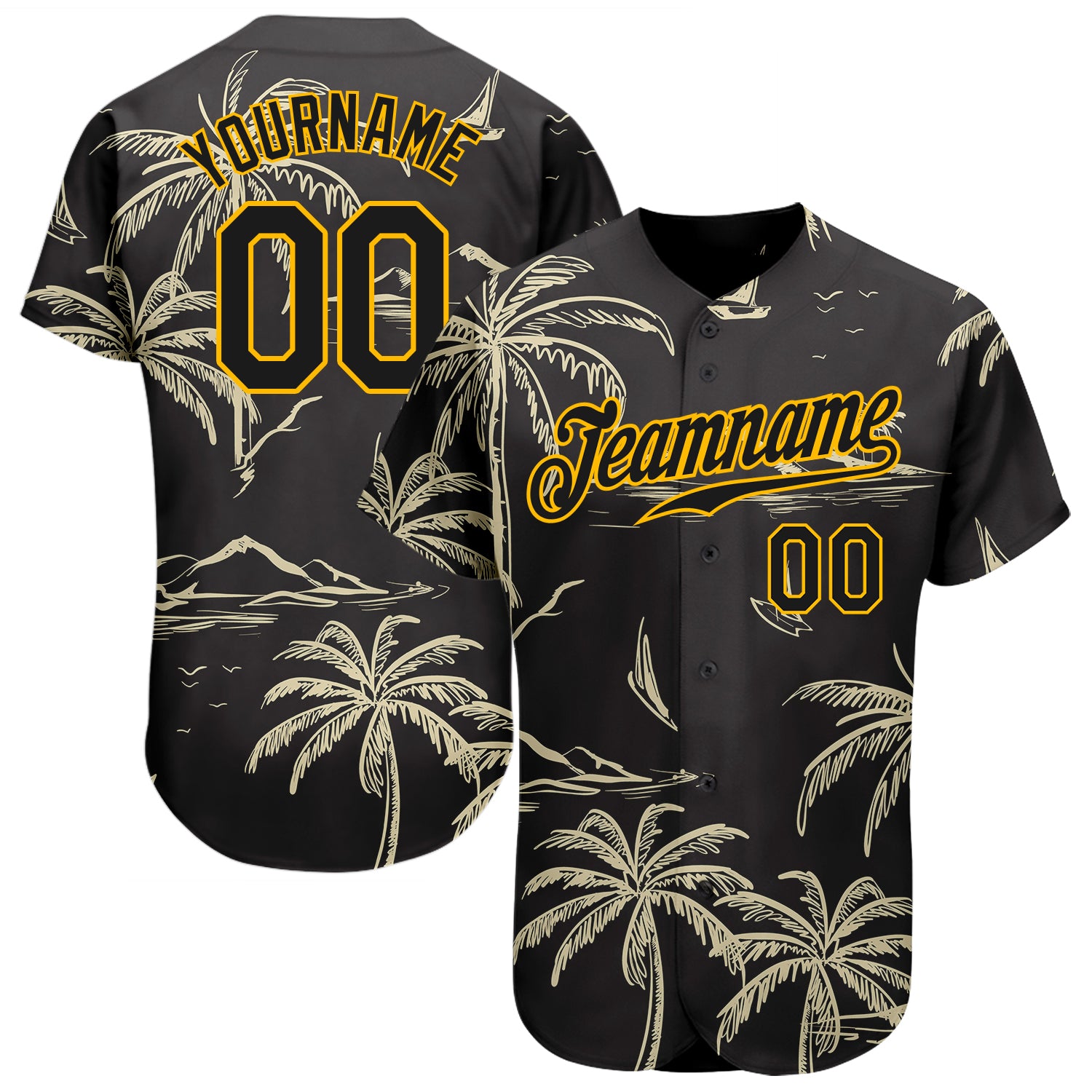 Custom Black Gold 3D Pattern Design Hawaii Palm Trees Island and Sailboat Authentic Baseball Jersey Men's Size:3XL