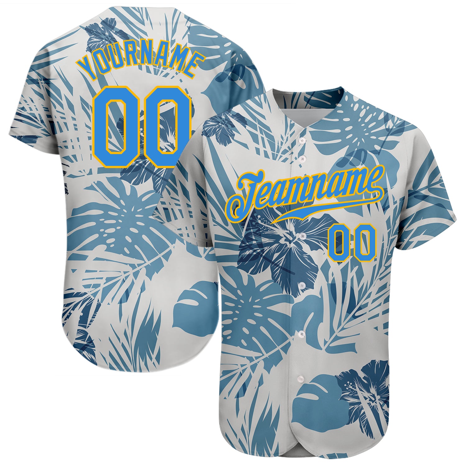 Custom White Powder Blue-Gold 3D Pattern Design Hawaii Palm Leaves and Flowers Authentic Baseball Jersey Men's Size:3XL