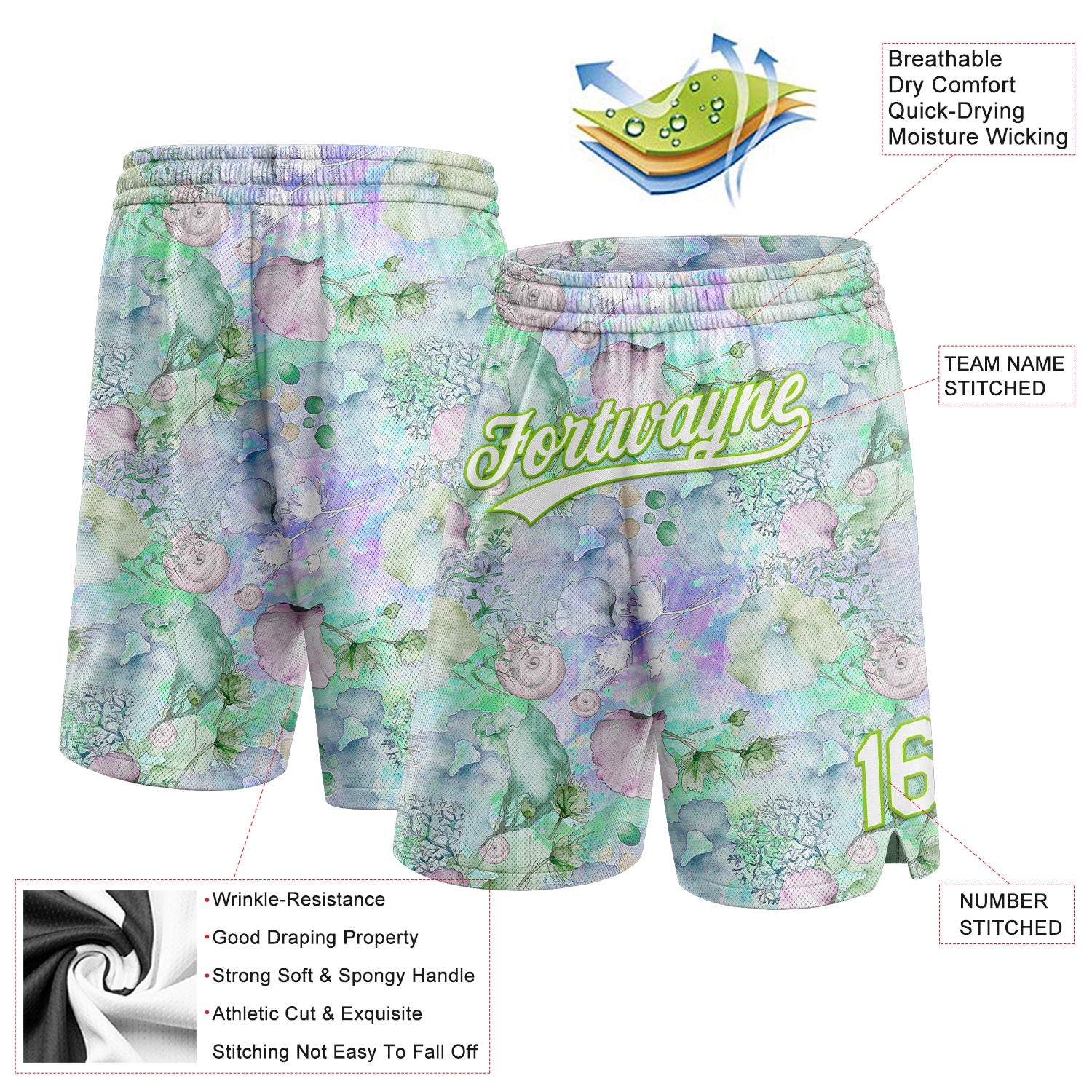 Custom White Aurora Green 3D Pattern Aquatic Plants And Conch Authentic Basketball Shorts