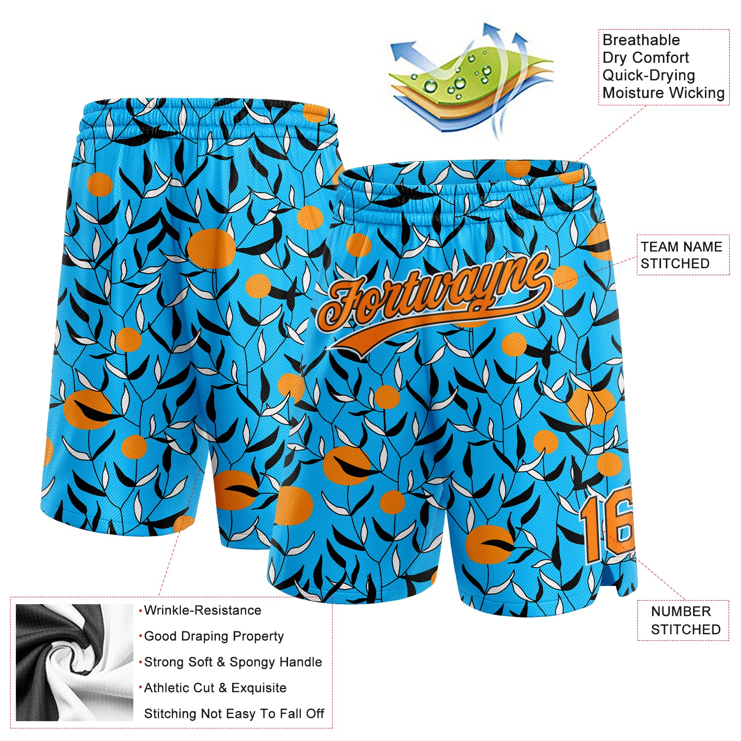 Custom Lakes Blue Bay Orange-Black 3D Pattern Hawaii Leaves And Orange Authentic Basketball Shorts